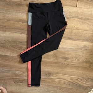 Women's Black Colorblock Leggings with Coral and Brown Accents